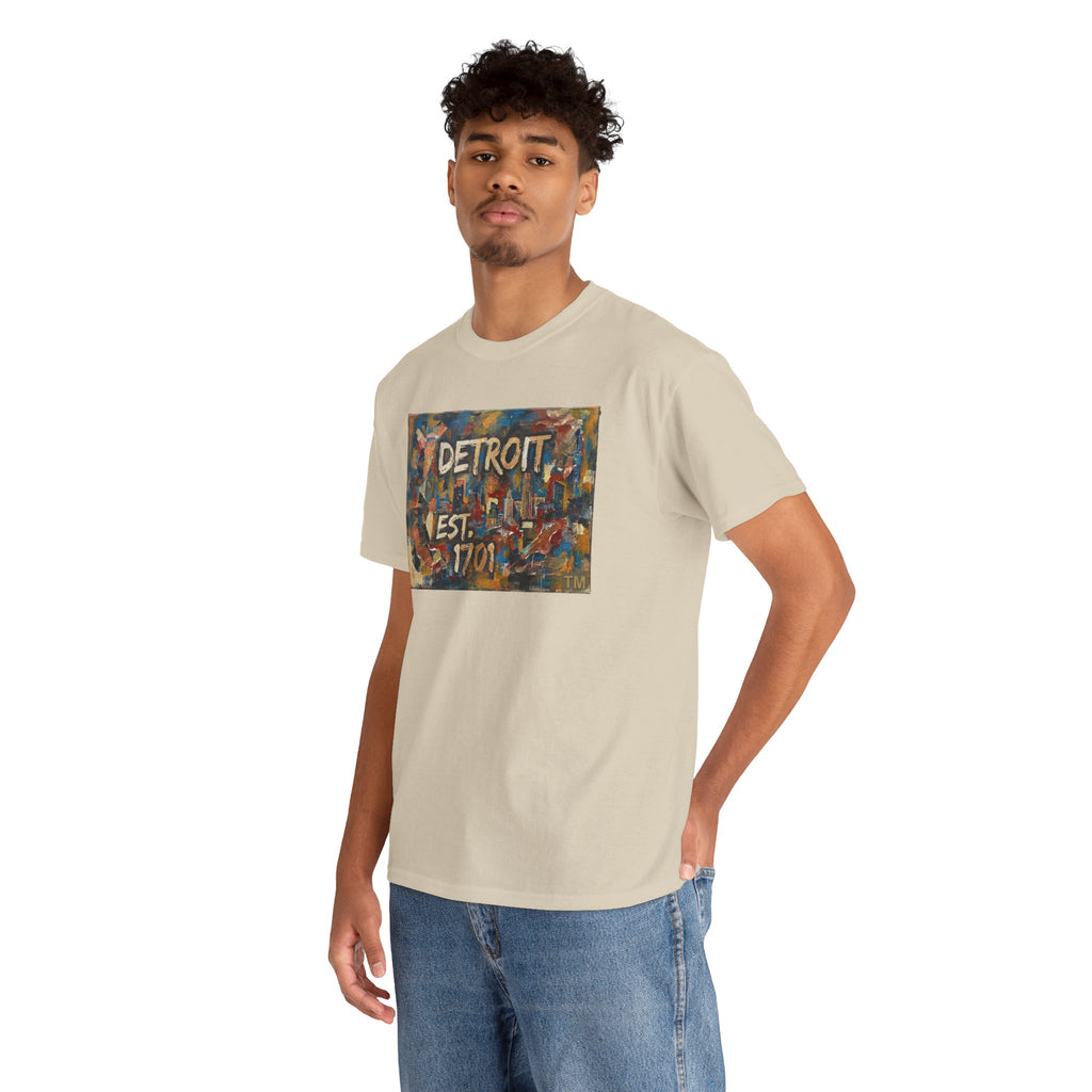 Detroit Abstract Painterly Mural T-Shirt — "DETROIT" Graphic Cotton Tee | Motor City Street Art