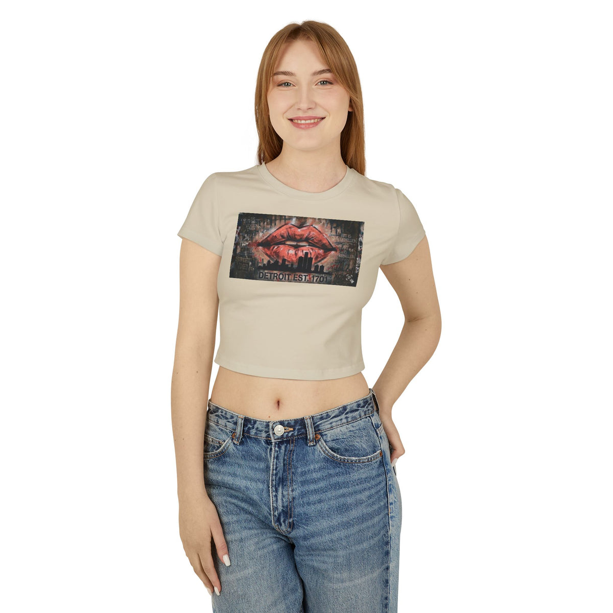 Women's Detroit Peach Lips Crop Baby Tee — Graffiti Skyline Graphic