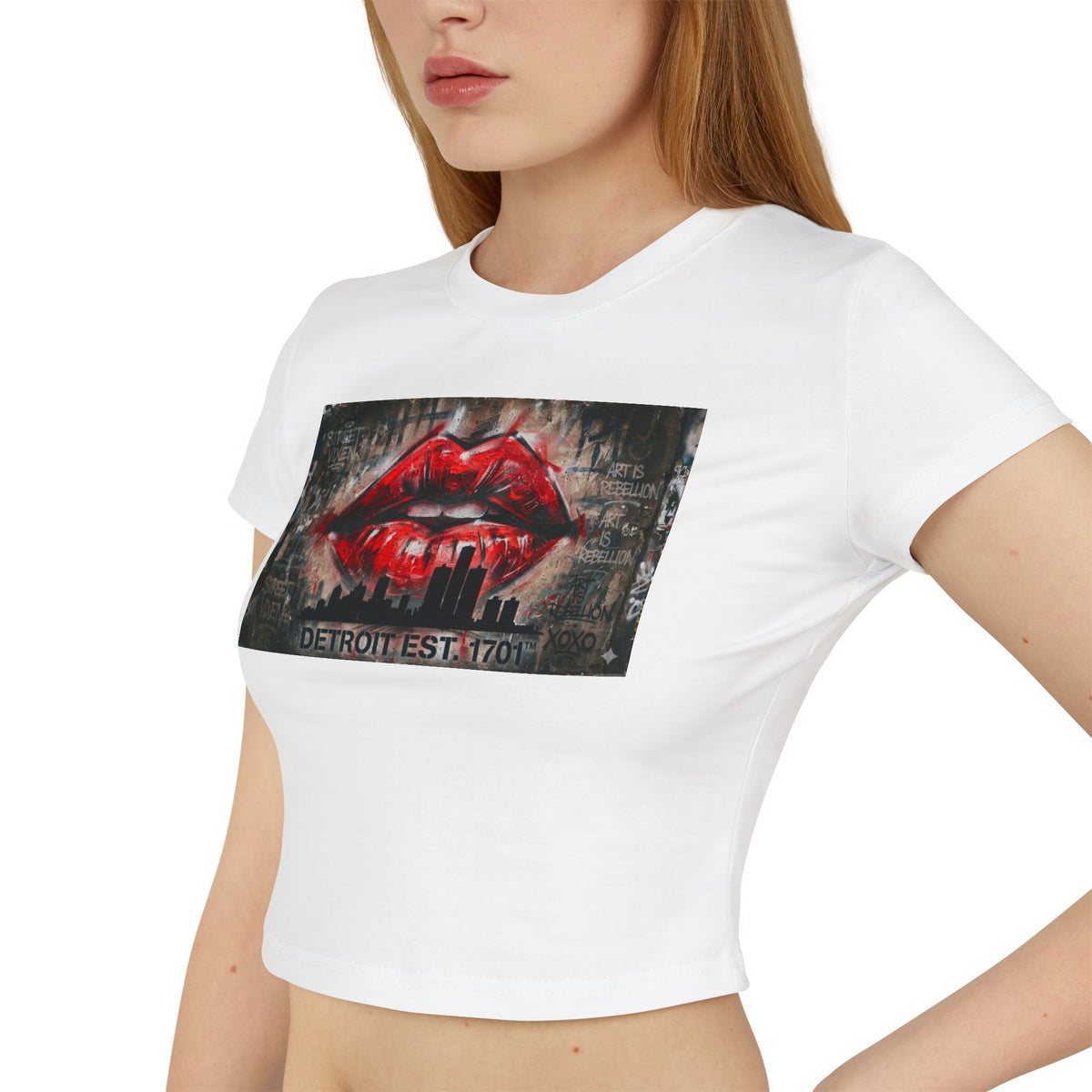 Women's Detroit Red Lips Crop Baby Tee — Graffiti Skyline Graphic