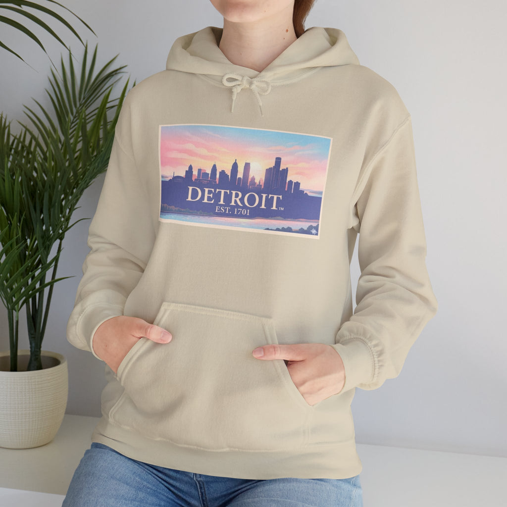 Women's Detroit Skyline Hoodie – Pastel Sunrise Cityscape