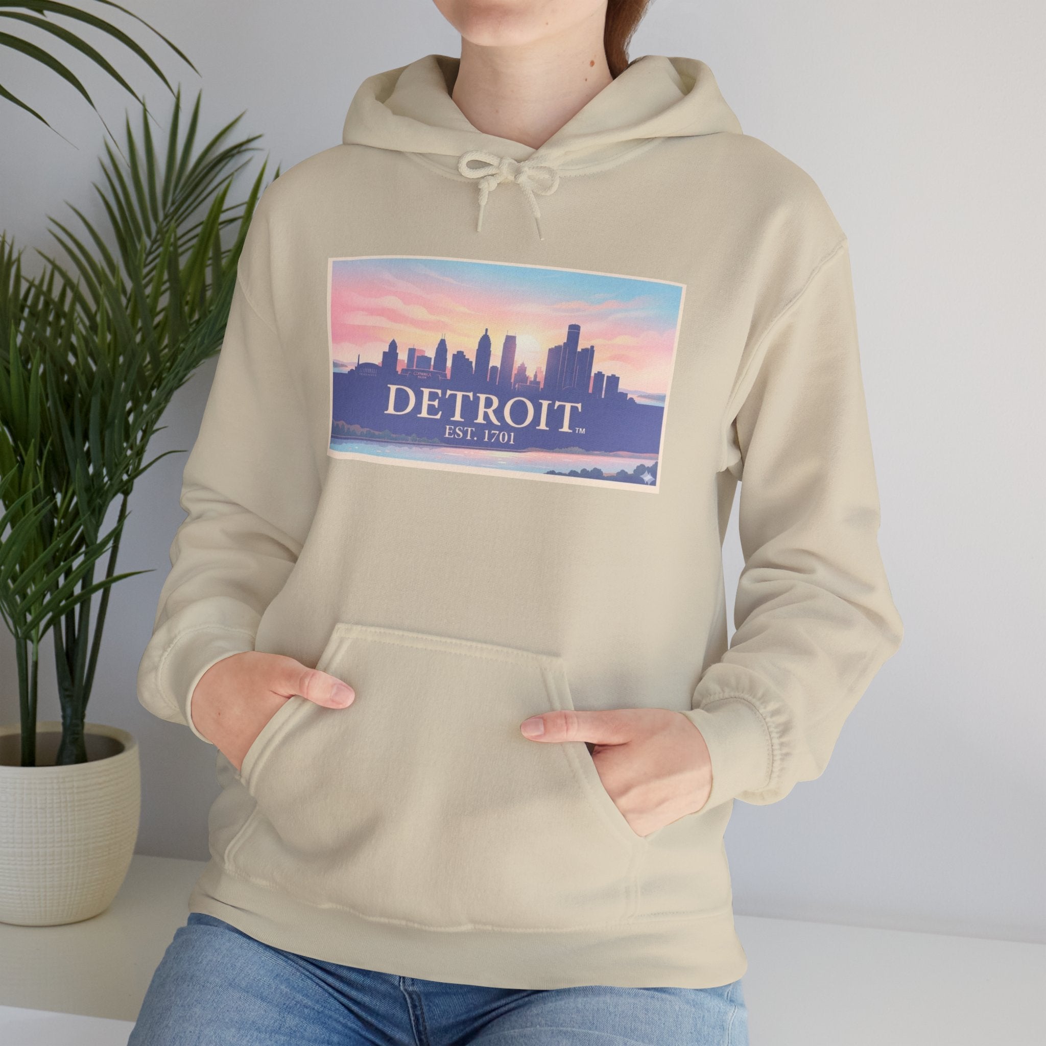 Women's Detroit Skyline Hoodie – Pastel Sunrise Cityscape