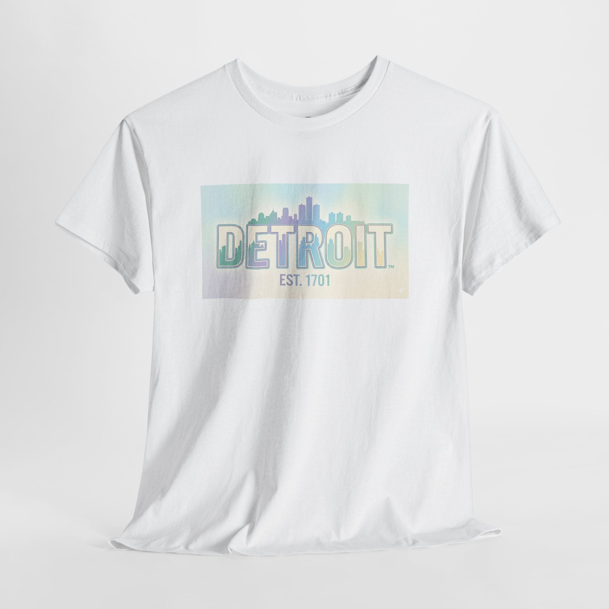 Women's Detroit Skyline T Shirt — Pastel Retro Cityscape "DETROIT Est. 1701"