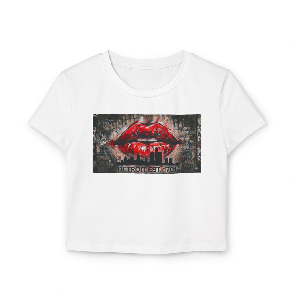 Women's Detroit Red Lips Crop Baby Tee — Graffiti Skyline Graphic