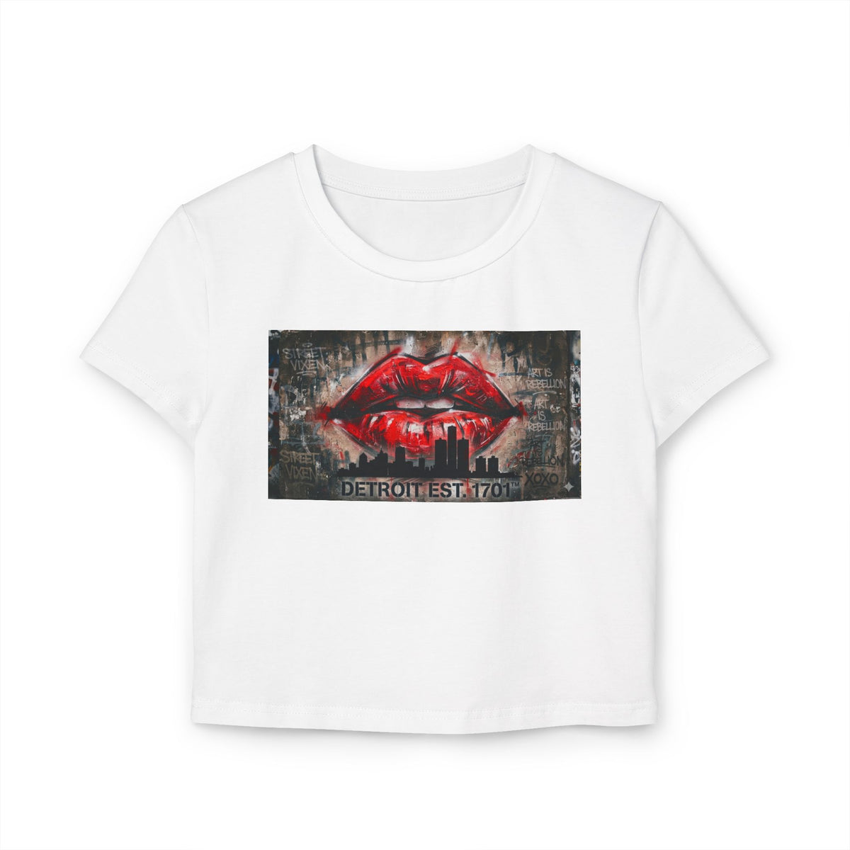 Women's Detroit Red Lips Crop Baby Tee — Graffiti Skyline Graphic