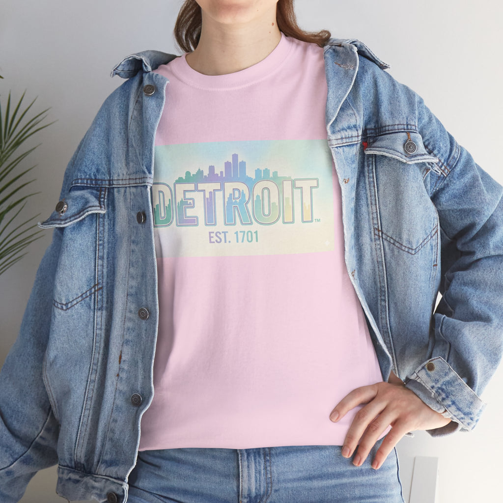 Women's Detroit Skyline T Shirt — Pastel Retro Cityscape "DETROIT Est. 1701"
