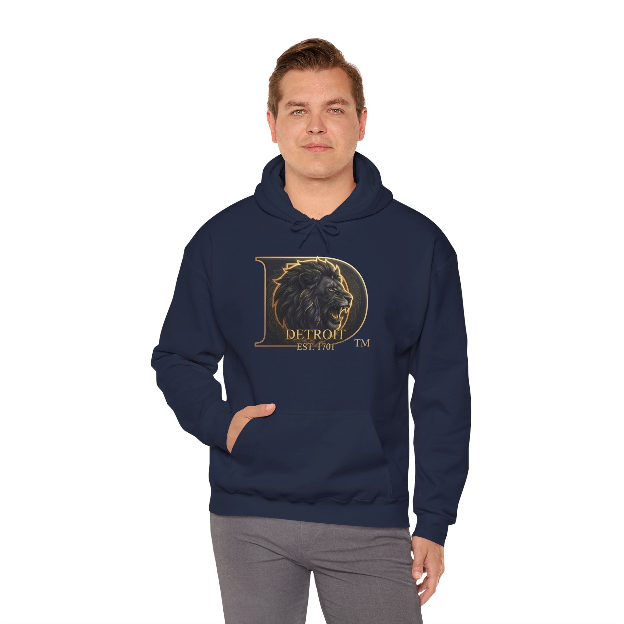 Detroit Pride Lion D Hoodie — Gold Monogram Graphic Pullover | Motor City Heritage
