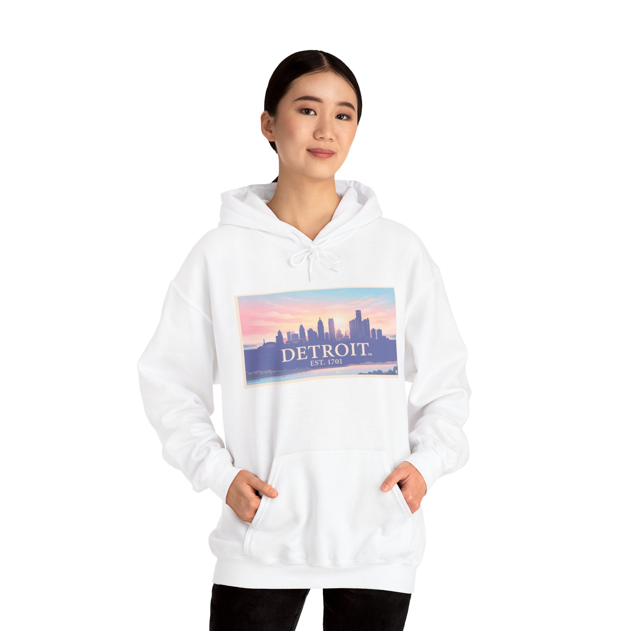 Women's Detroit Skyline Hoodie – Pastel Sunrise Cityscape