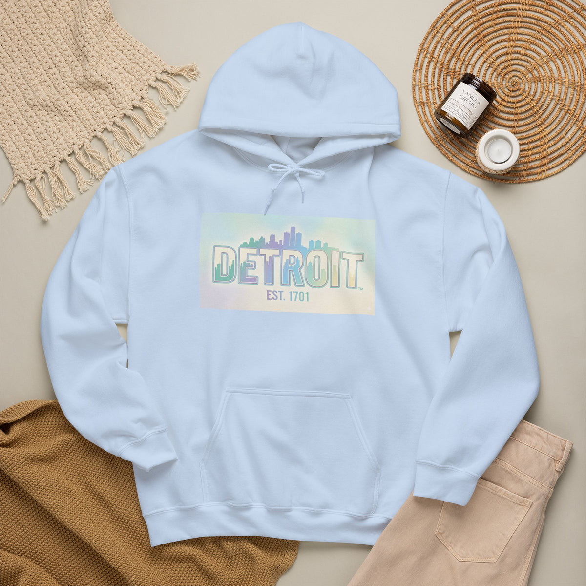Women's Detroit Skyline Hoodie — Pastel Retro Cityscape "DETROIT Est. 1701"