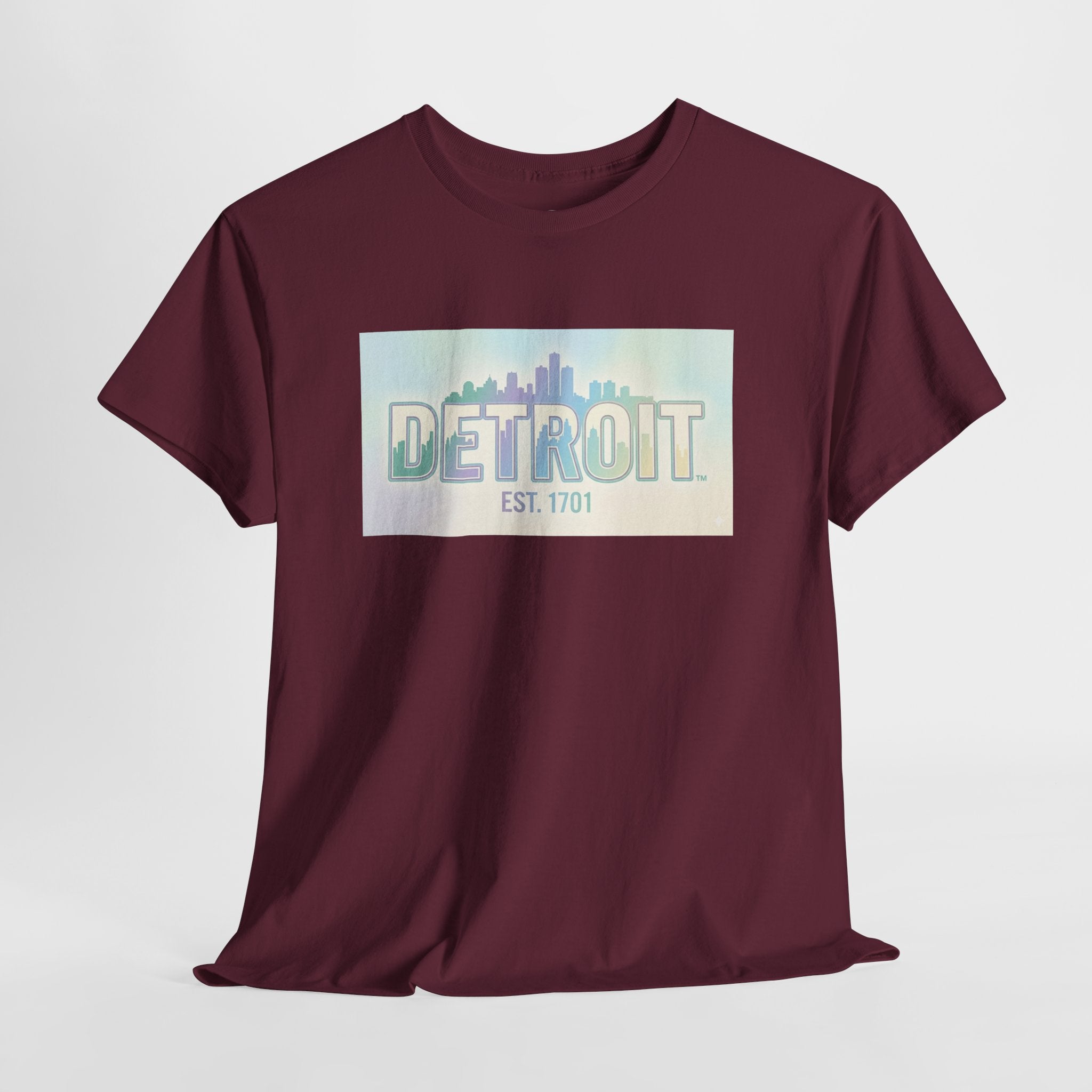 Women's Detroit Skyline T Shirt — Pastel Retro Cityscape "DETROIT Est. 1701"