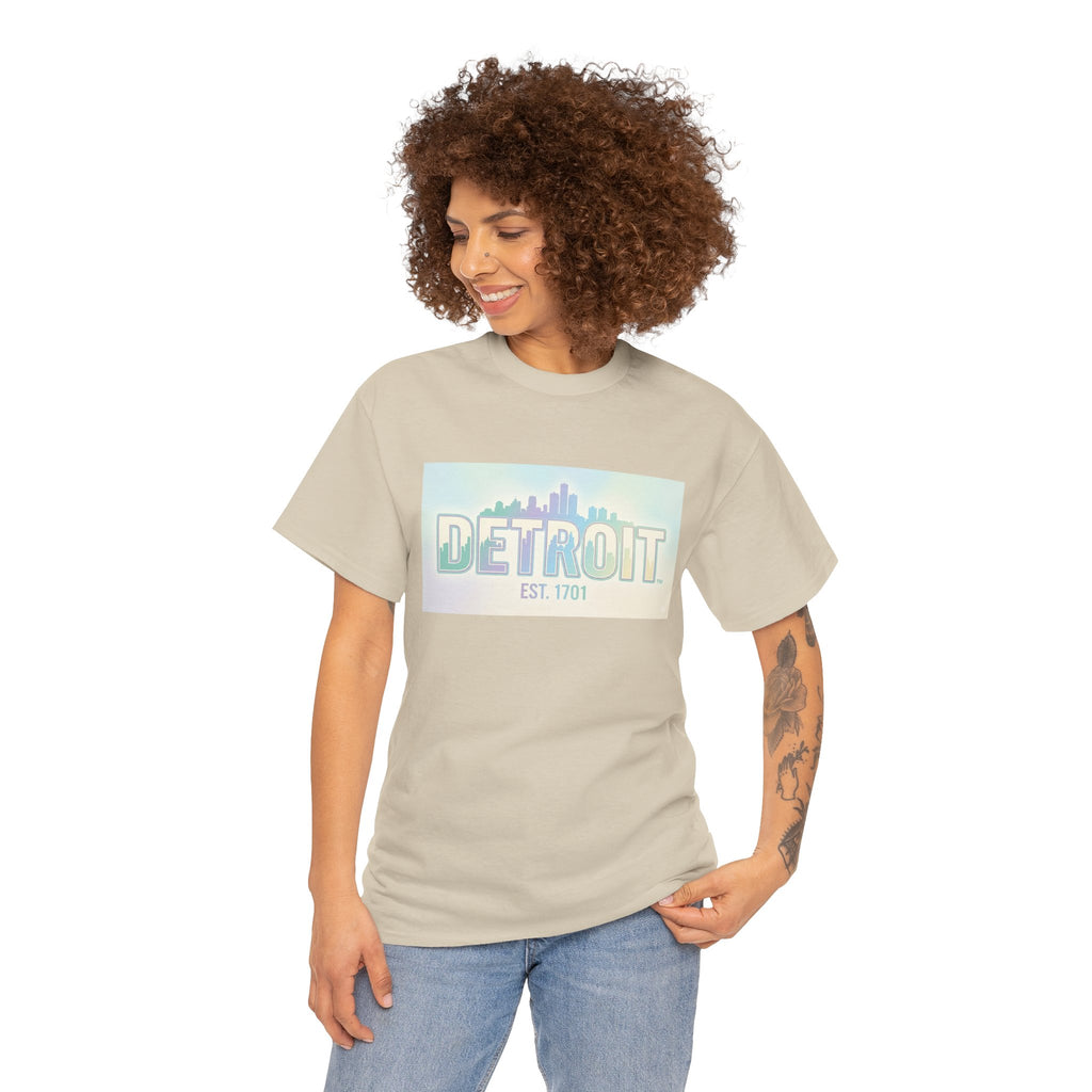 Women's Detroit Skyline T Shirt — Pastel Retro Cityscape "DETROIT Est. 1701"