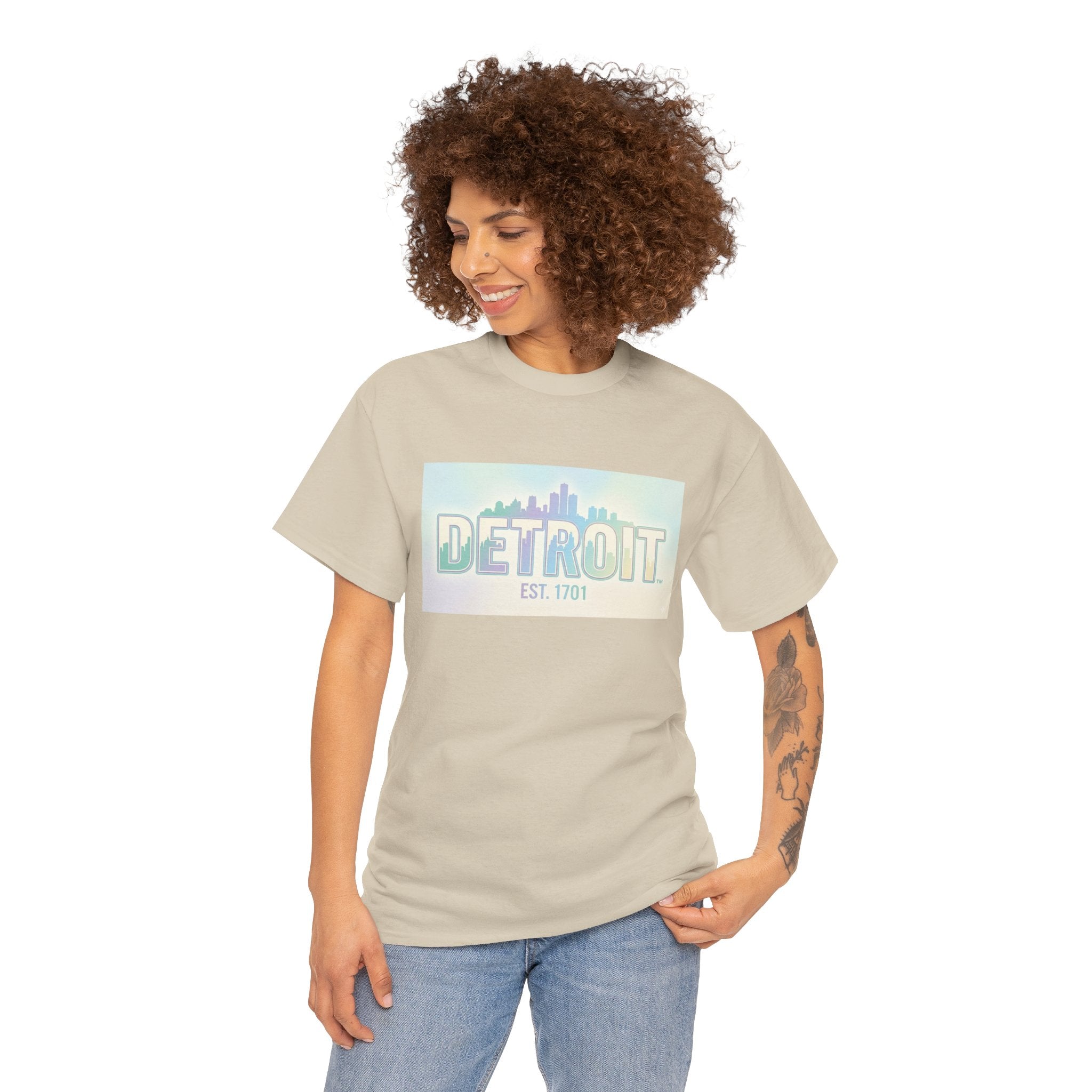 Women's Detroit Skyline T Shirt — Pastel Retro Cityscape "DETROIT Est. 1701"