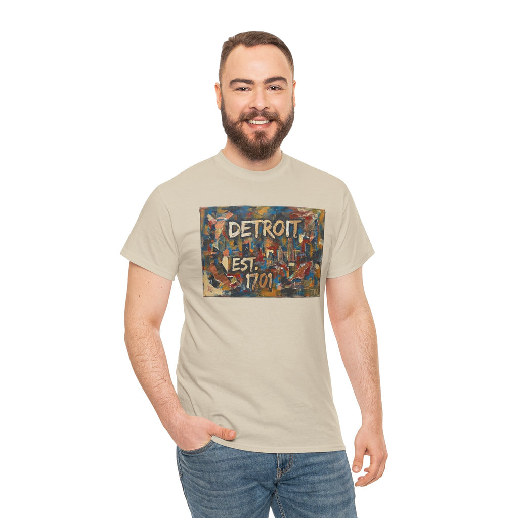 Detroit Abstract Painterly Mural T-Shirt — "DETROIT" Graphic Cotton Tee | Motor City Street Art