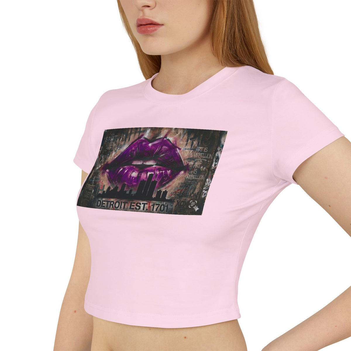 Women's Detroit Purple Lips Crop Baby Tee — Graffiti Skyline Graphic