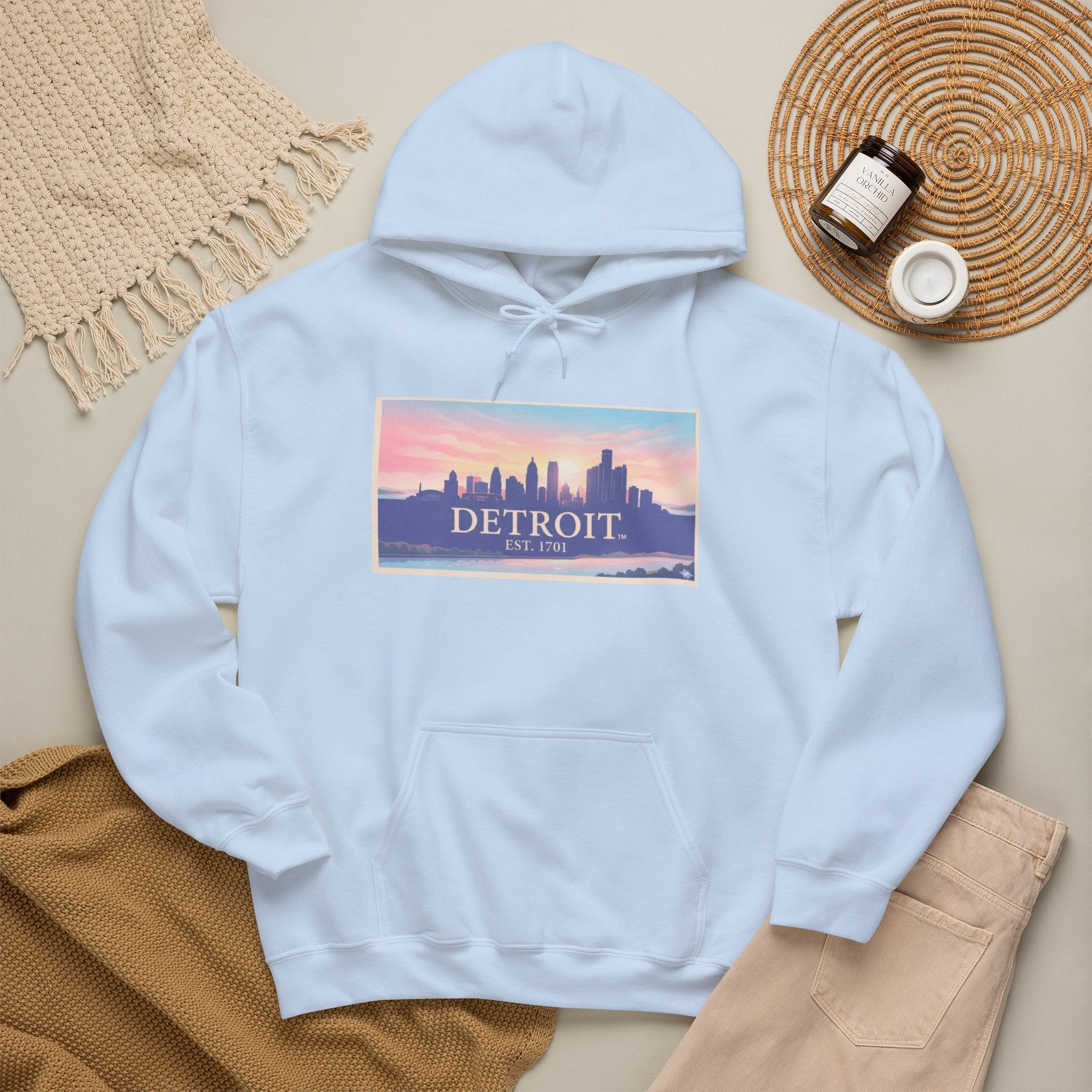 Women's Detroit Skyline Hoodie – Pastel Sunrise Cityscape