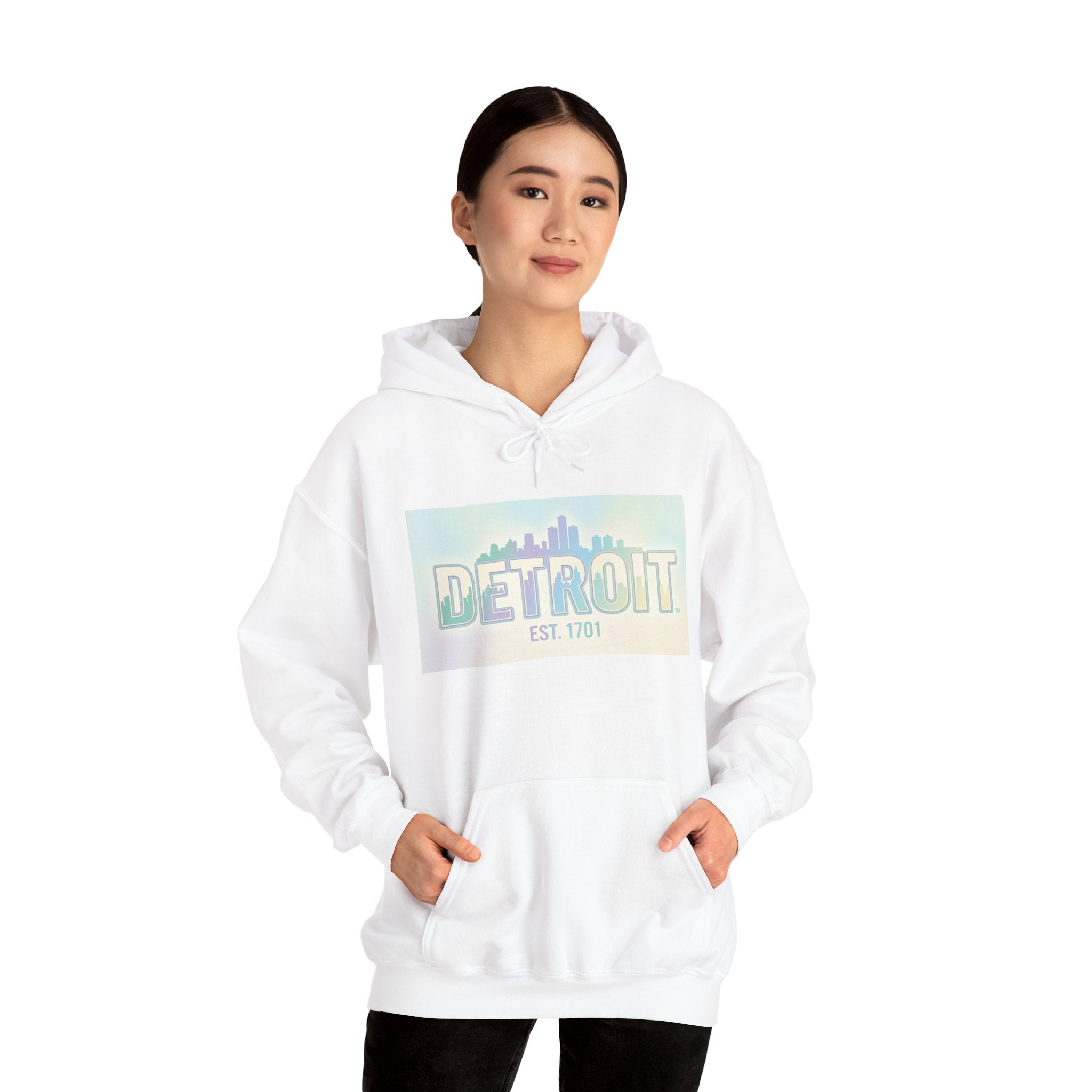Women's Detroit Skyline Hoodie — Pastel Retro Cityscape "DETROIT Est. 1701"