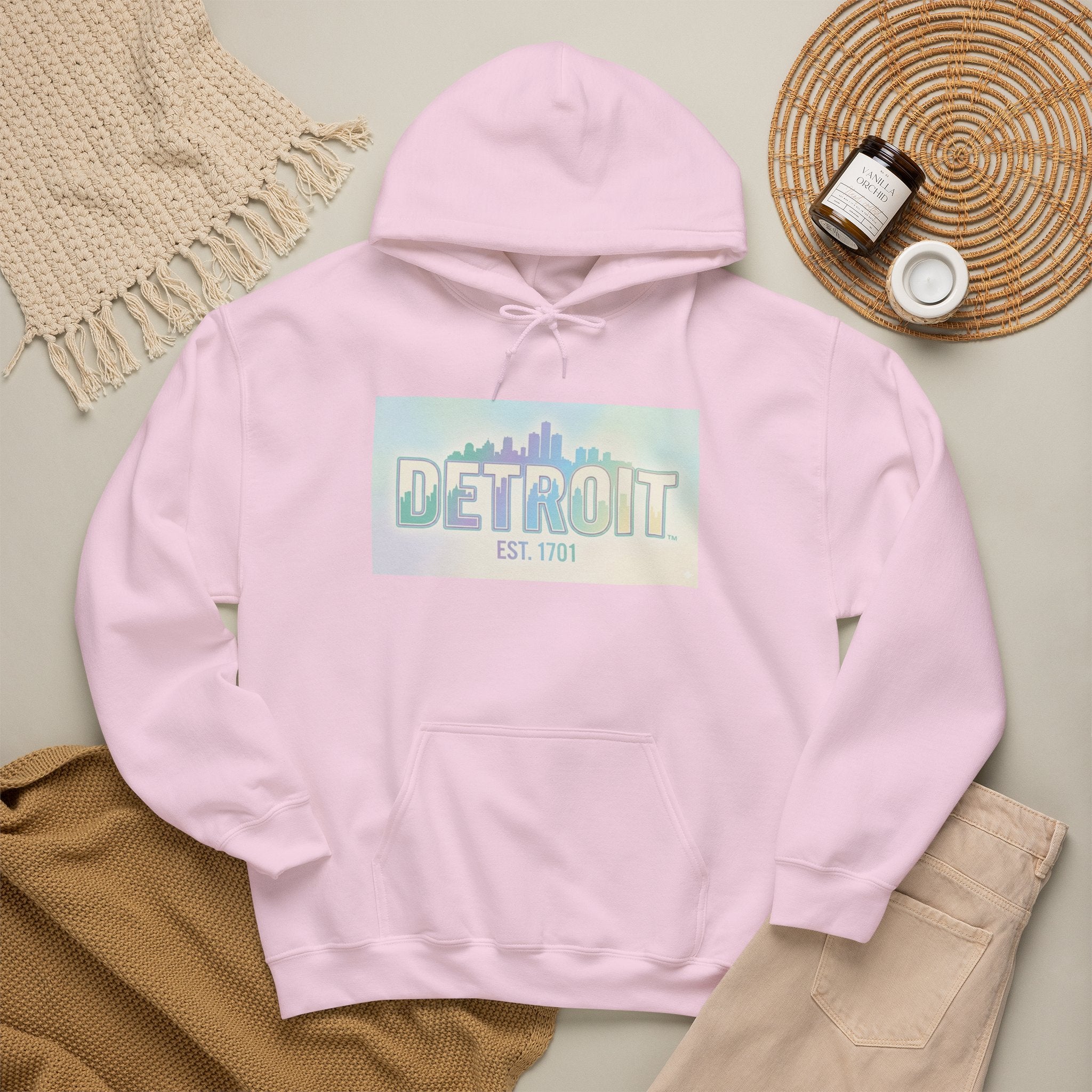 Women's Detroit Skyline Hoodie — Pastel Retro Cityscape "DETROIT Est. 1701"