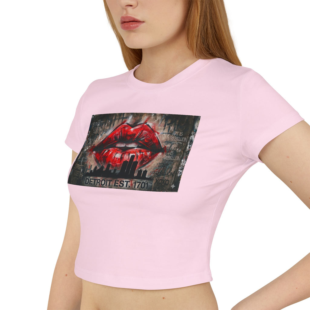 Women's Detroit Red Lips Crop Baby Tee — Graffiti Skyline Graphic
