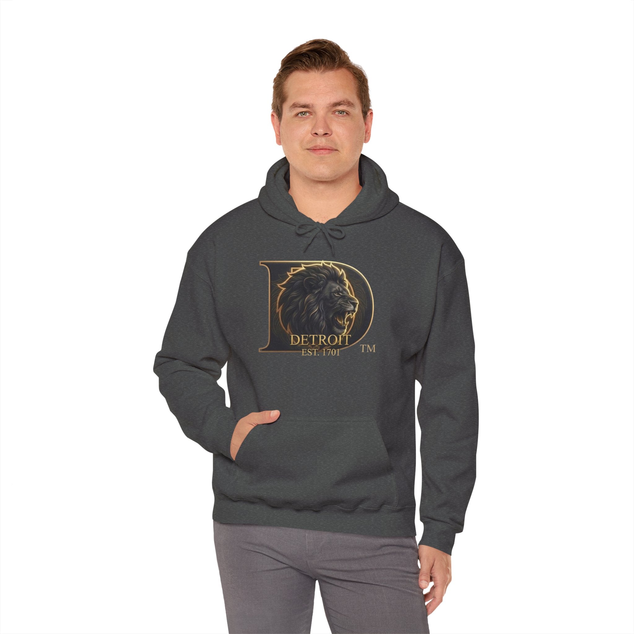 Detroit Pride Lion D Hoodie — Gold Monogram Graphic Pullover | Motor City Heritage