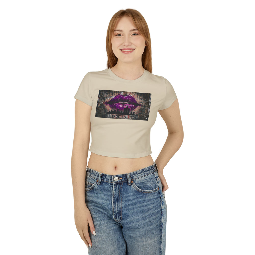 Women's Detroit Purple Lips Crop Baby Tee — Graffiti Skyline Graphic