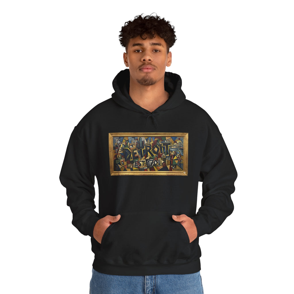 Detroit Abstract Cubist Art Hoodie — Framed Modern Painting Graphic Pullover | Motor City Culture