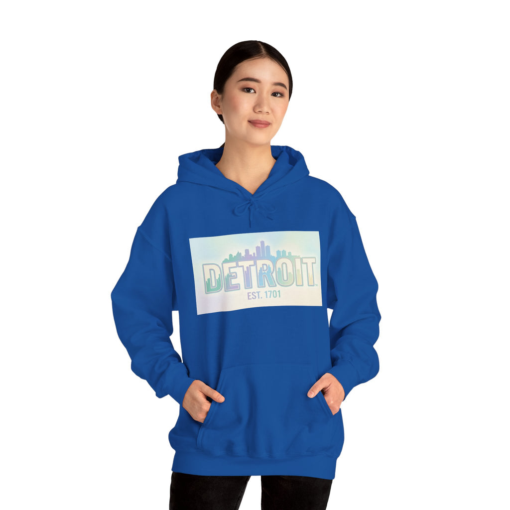 Women's Detroit Skyline Hoodie — Pastel Retro Cityscape "DETROIT Est. 1701"