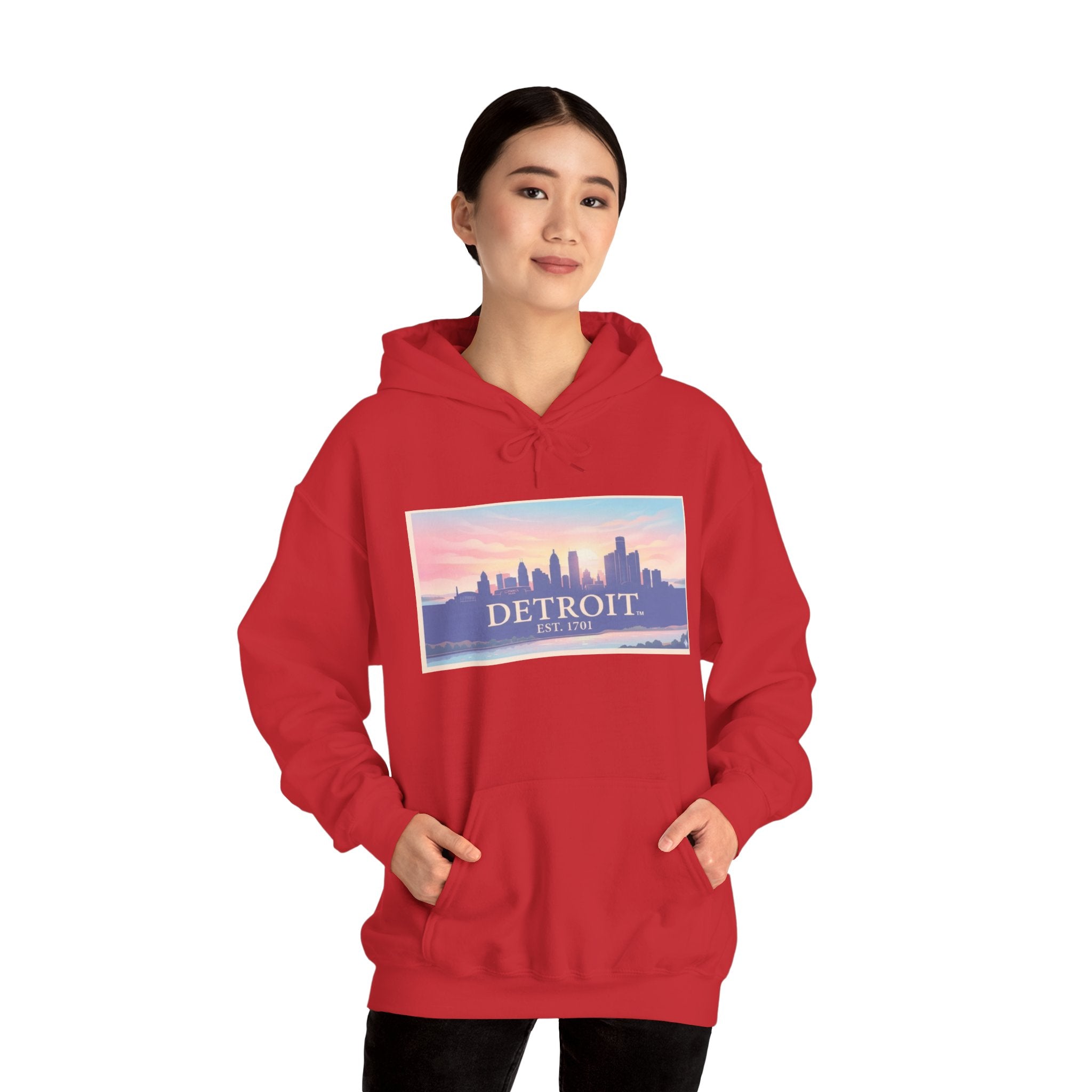 Women's Detroit Skyline Hoodie – Pastel Sunrise Cityscape