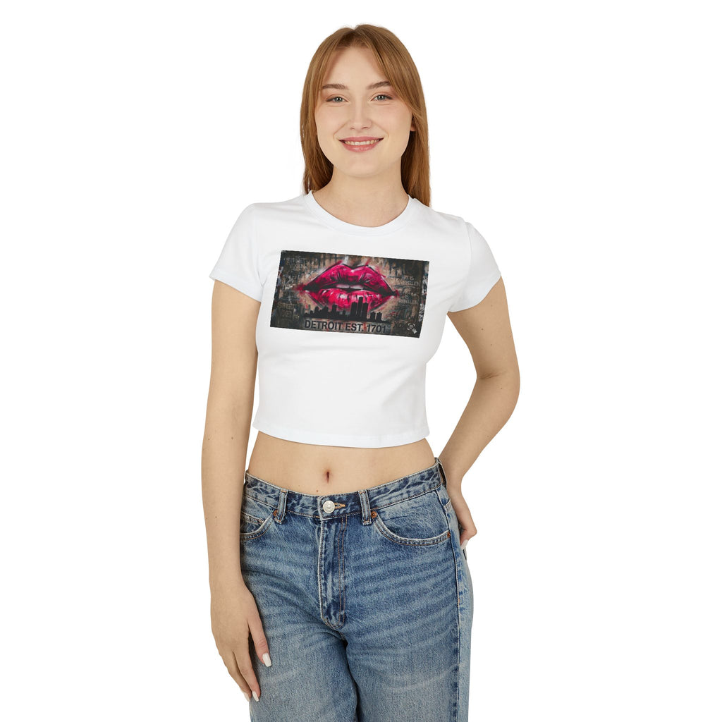 Women's Detroit Pink Lips Crop Baby Tee — Graffiti Skyline Graphic