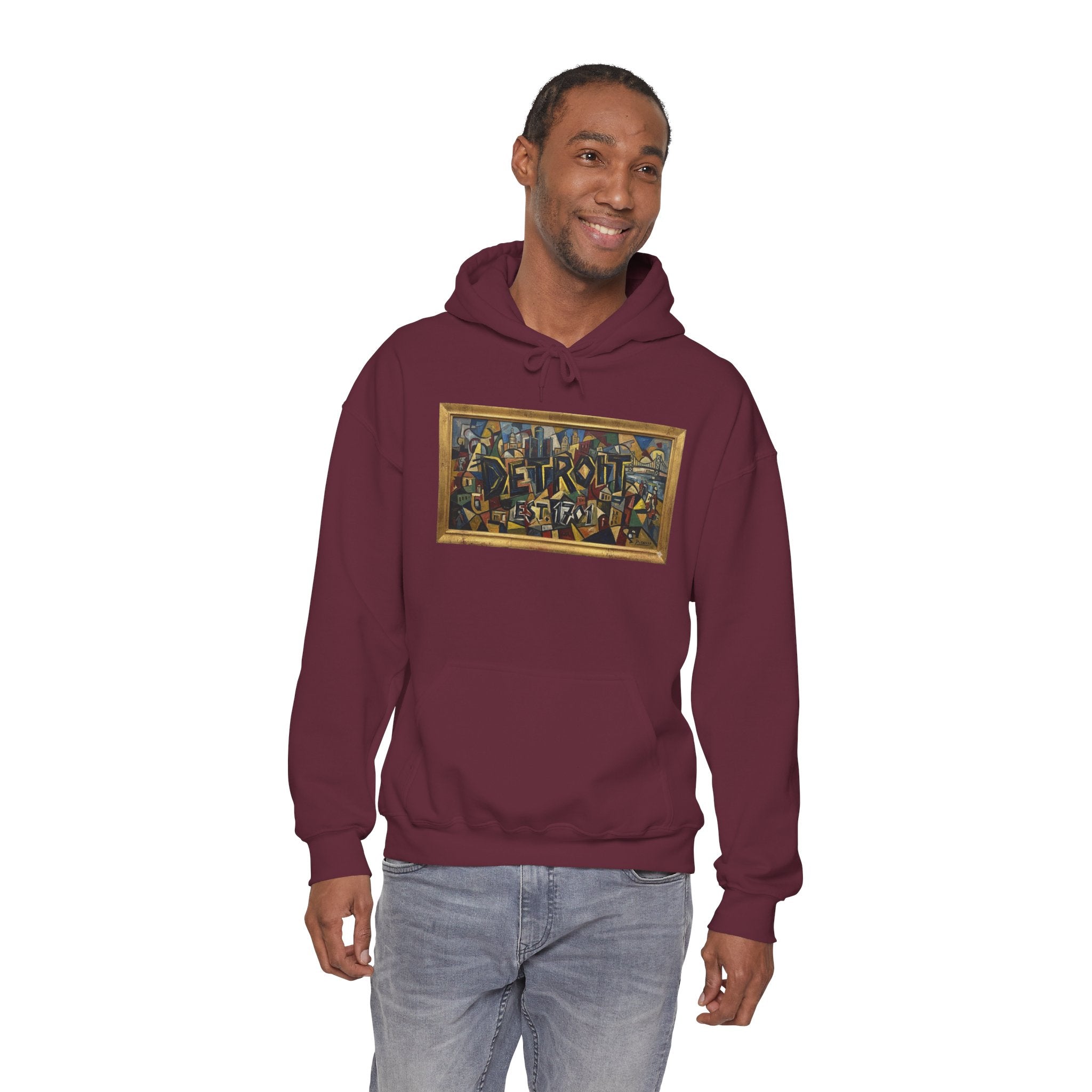 Detroit Abstract Cubist Art Hoodie — Framed Modern Painting Graphic Pullover | Motor City Culture