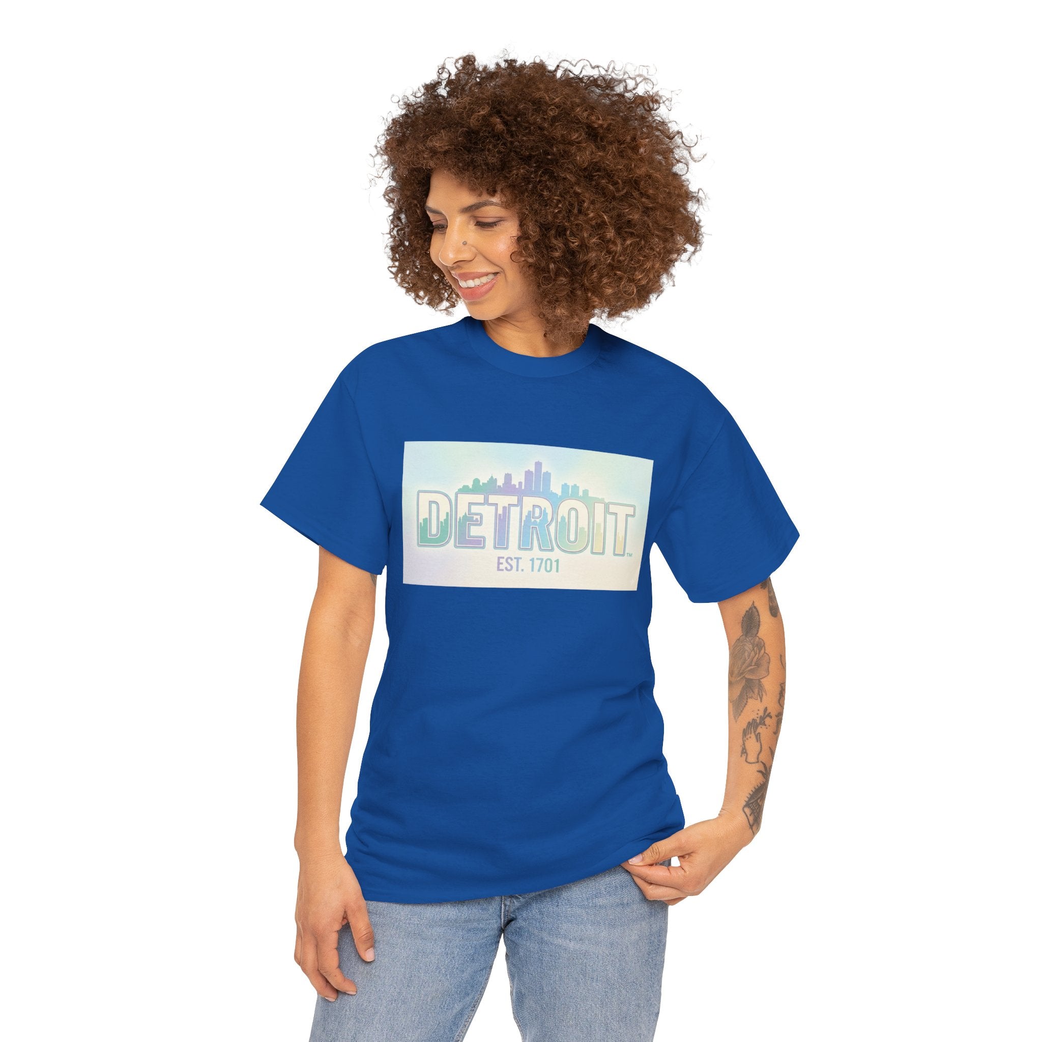 Women's Detroit Skyline T Shirt — Pastel Retro Cityscape "DETROIT Est. 1701"