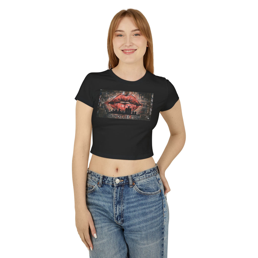 Women's Detroit Peach Lips Crop Baby Tee — Graffiti Skyline Graphic