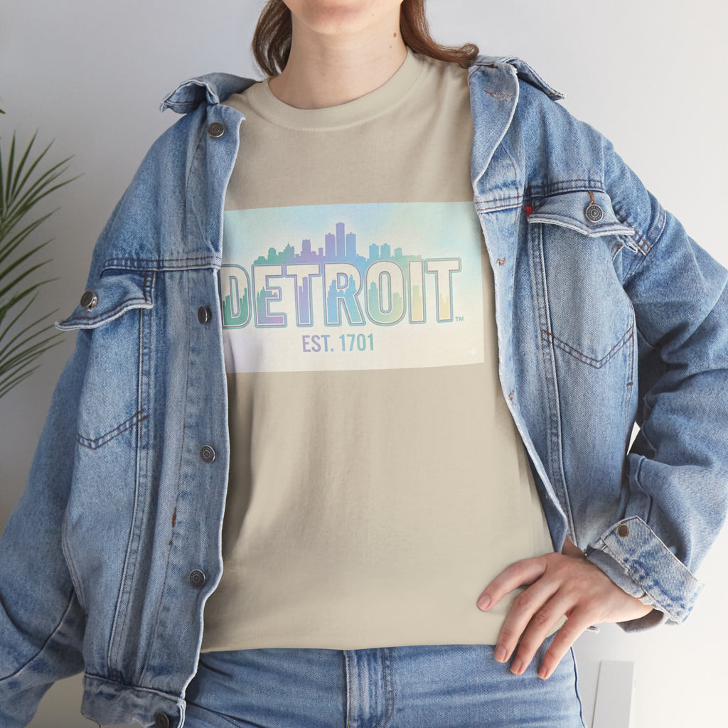 Women's Detroit Skyline T Shirt — Pastel Retro Cityscape "DETROIT Est. 1701"