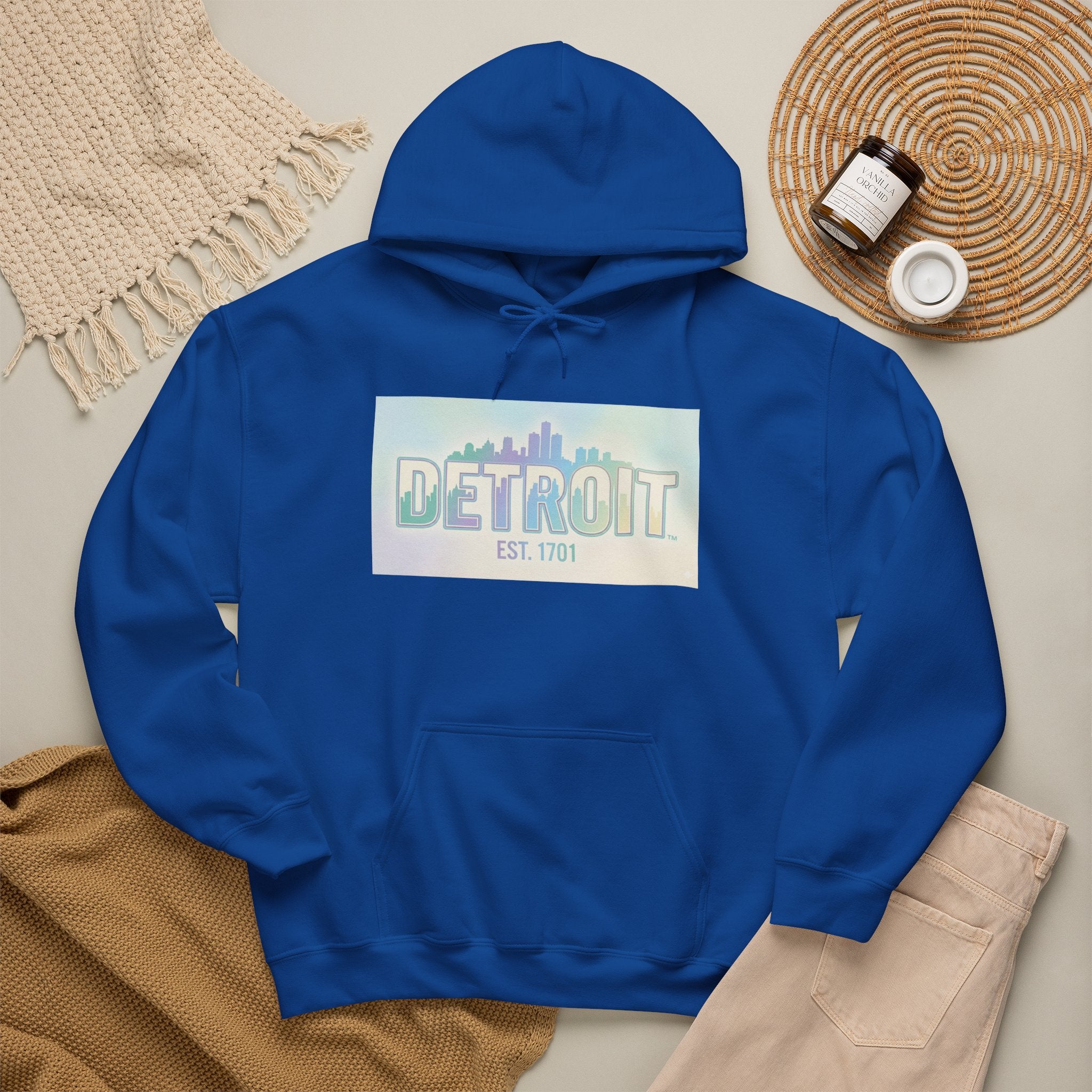 Women's Detroit Skyline Hoodie — Pastel Retro Cityscape "DETROIT Est. 1701"