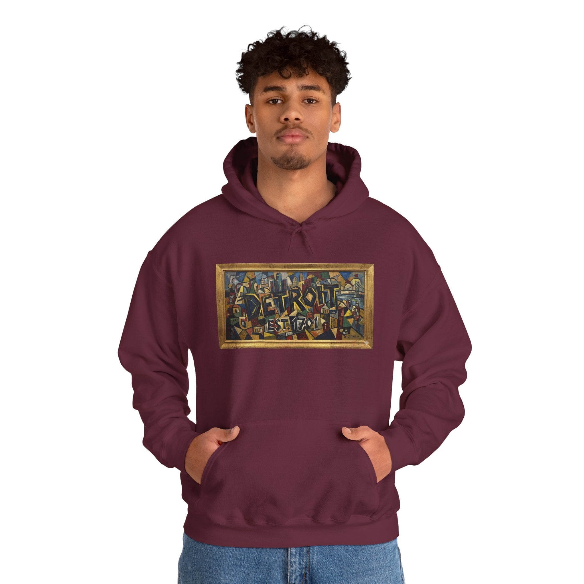 Detroit Abstract Cubist Art Hoodie — Framed Modern Painting Graphic Pullover | Motor City Culture