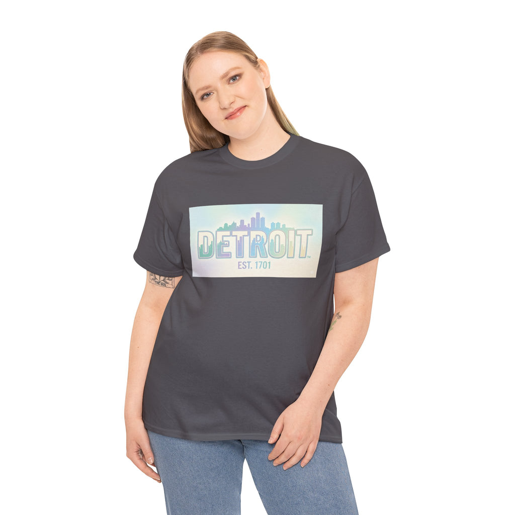 Women's Detroit Skyline T Shirt — Pastel Retro Cityscape "DETROIT Est. 1701"