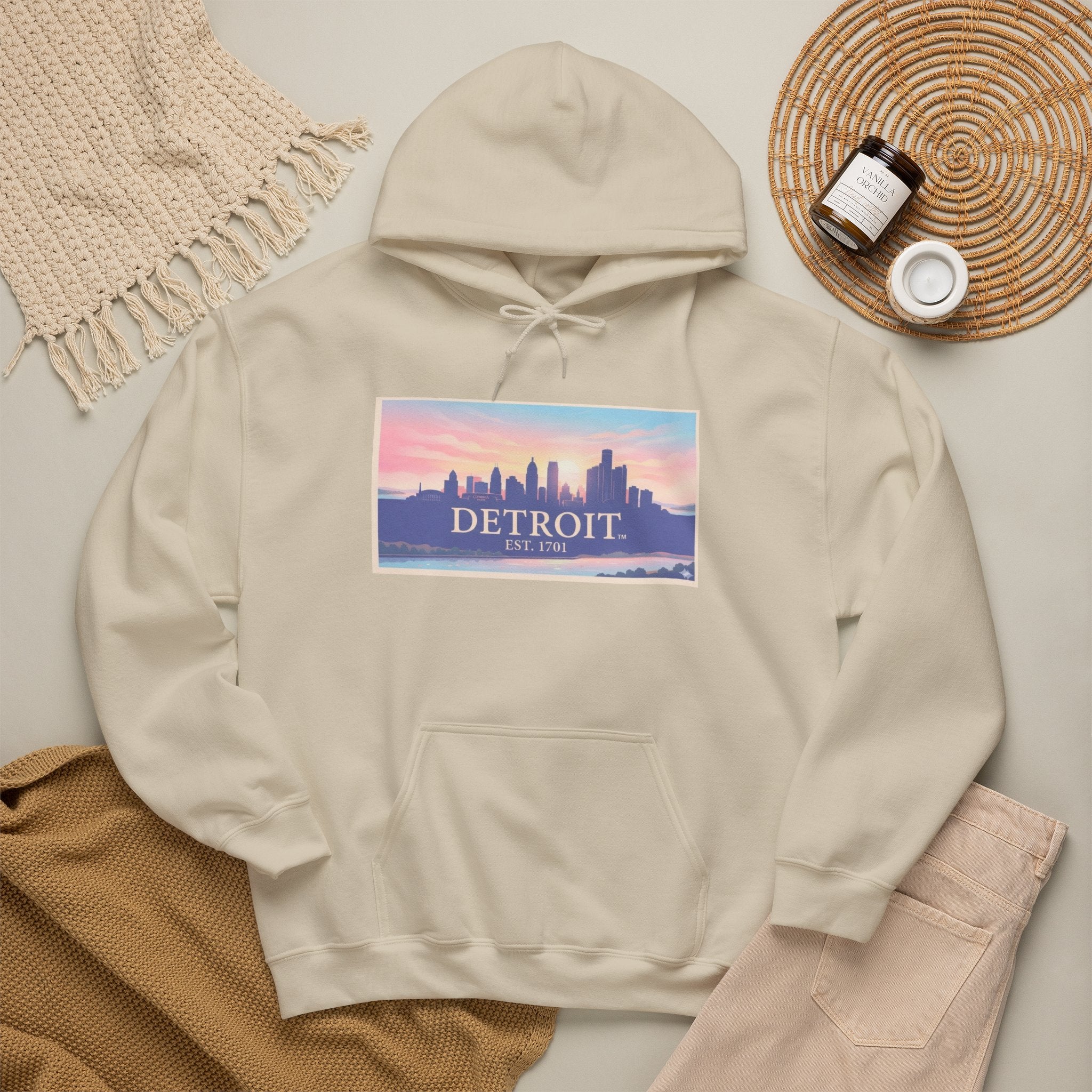 Women's Detroit Skyline Hoodie – Pastel Sunrise Cityscape