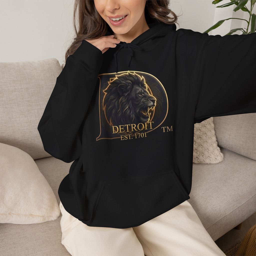 Detroit Pride Lion D Hoodie — Gold Monogram Graphic Pullover | Motor City Heritage